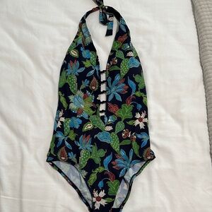 Tory Burch Navy Floral Halter One-Piece Swimsuit